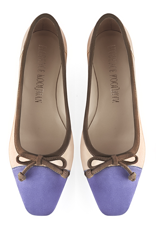 Lavender purple, gold and chocolate brown women's ballet pumps, with low heels. Square toe. Flat flare heels. Top view - Florence KOOIJMAN